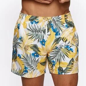 NWOT BOSS by Hugo Boss Men's Leaf-Print Swim Short Yellow/White/Green Sz Medium